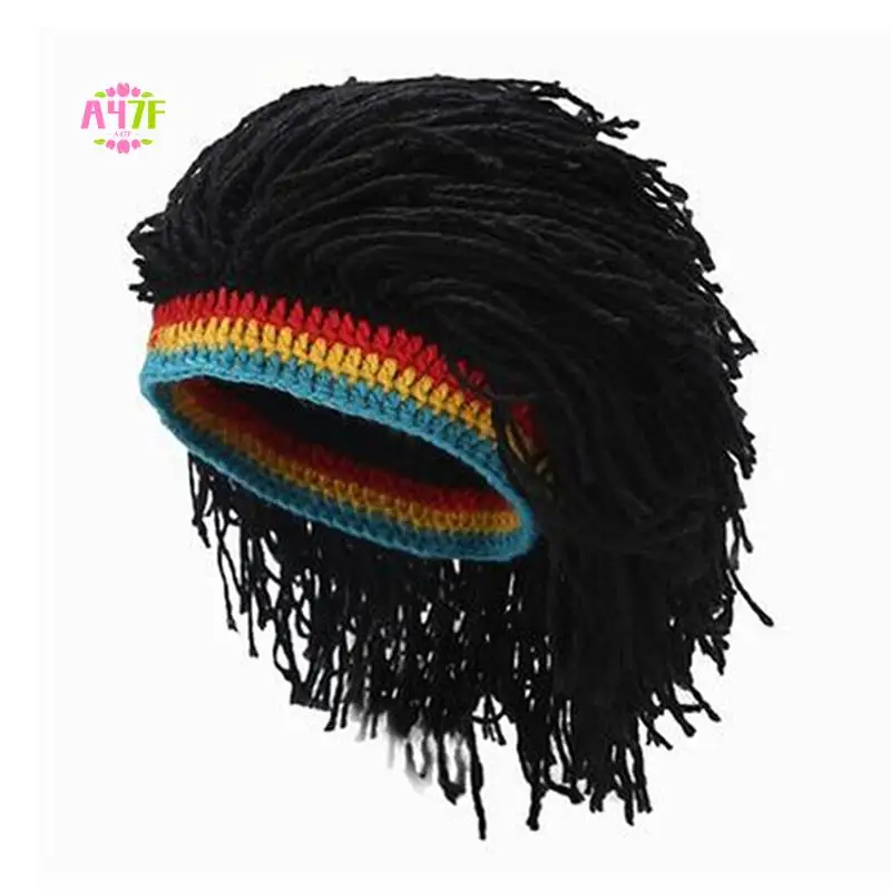 

A47F-Wig Beanie Men's Caps Hip Hop Cap Handmade Crochet Winter Warm Hat Gorro Halloween Xmas Birthday Gifts Funny Party Wig