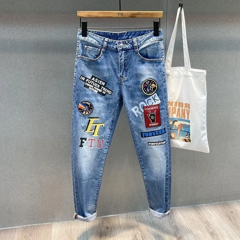 2024 New Luxury Designer Men\'s Jeans Casual Denim Slim Fit Pencil Pants with Embroidered Prints for Spring Autumn Hip-hop Pants