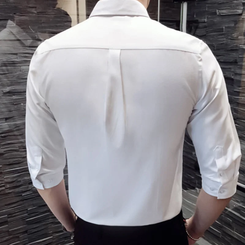 Korean Fashion 3/4 Sleeve Oxford Shirts Men Clothing Chest Pocket Slim Fit Casual Blouse Homme