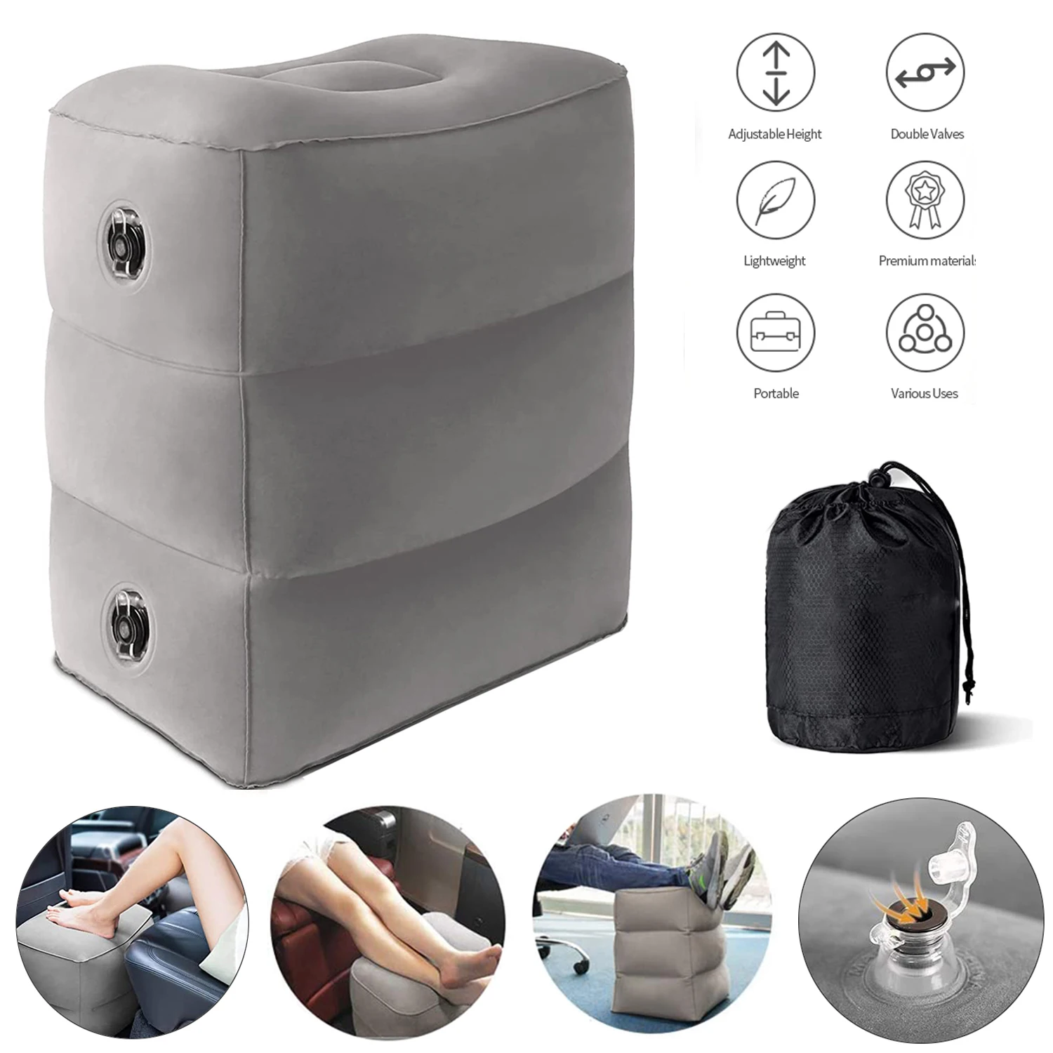 Cuscino da viaggio per poggiapiedi, cuscino gonfiabile a 3 strati per gambe, cuscino per dormire con altezza regolabile, cuscino per poggiapiedi da utilizzare in aereo, a casa, in ufficio, in autobus