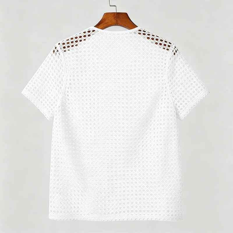 Herren Ausgehöhltes Häkel-Strick-T-Shirt Rundhals Kurzarm Durchsichtiges Netz-Oberteil Atmungsaktives Vintage Strand-Party Freizeit-T-Shirt S-2XL – Detail 12