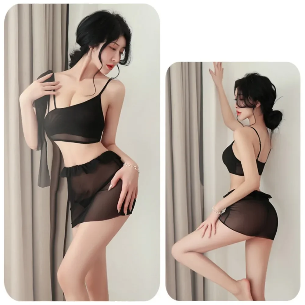 

Lingerie Mesh camisole skirt see through outfit exposed breasts seductive lace sleepwear two-piece set hot sexy clothes woman