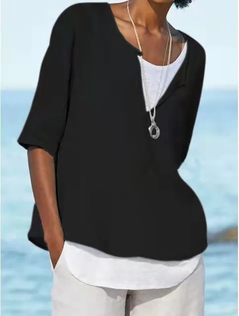 New Summer Autumn Women's Linen Cotton T-shirts Solid Color V Neck Top Casual Loose Long Sleeve Lightweight Pullovers 6