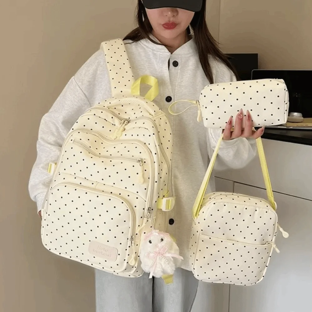 Nylon Polka Dot Backpack Set Stationery Storage Multi Compartment Girls Backpack Set Zipper Closure Student Backpack School Use
