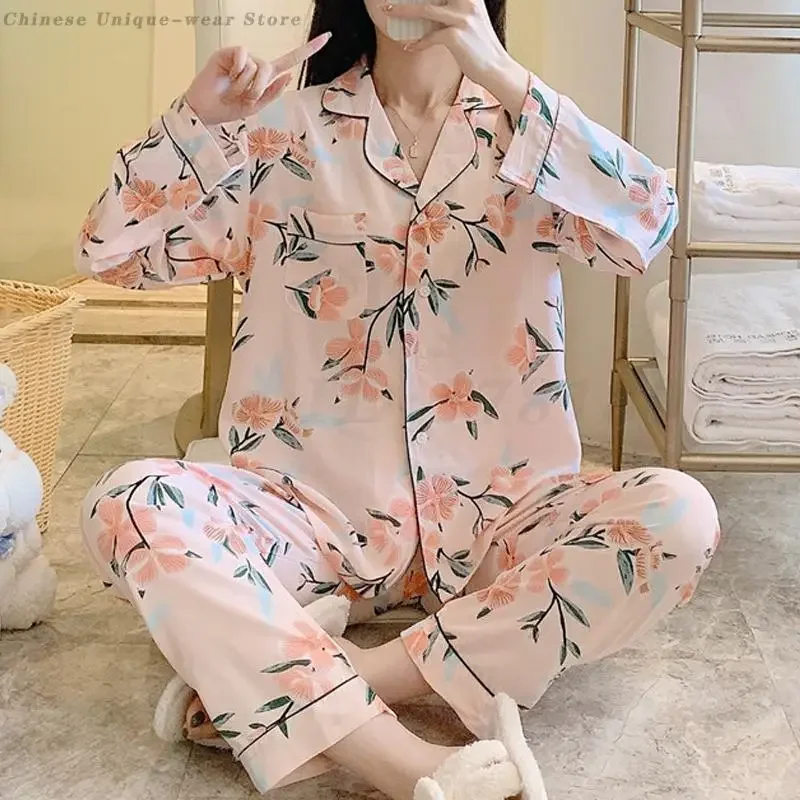 

Cotton Pajamas Long Sleeve Sleepwear Set Women's Home Clothes Sweet Print Flower Pijama Mujer Thin Fabric Nightwear All Seasons