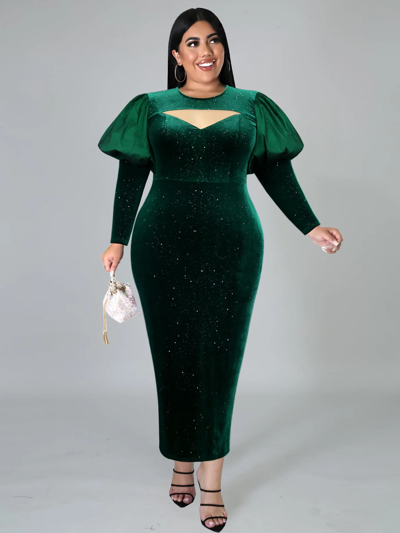 Vintage Women Glitter Velvet Long Party Dress Bodycon Tulle Cut Out Lantern Sleeve Slim Formal Christmas Evening Plus Size Gowns