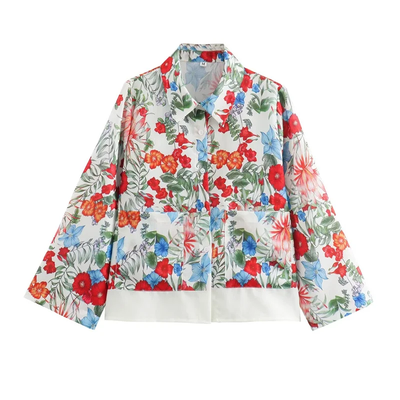 KEYANKETIAN 2024 New Launch Pastoral style Flower Print Shirt Women\'s Double Pockets Long Sleeve Single Breasted Loose Blouse