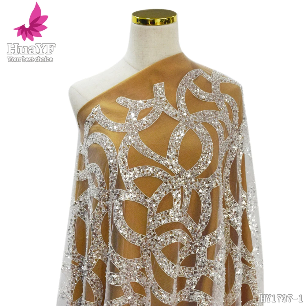 

1 Yard Luxury Heavy Mesh Lace Shinny Sequins Tulle Fabrics For Wedding Dress HY1737