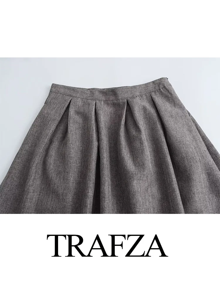 TRAFZA donna estate elegante solido cerniera laterale pieghettata decorare gonne donna College vento tasca a-line High Street gonne Midi