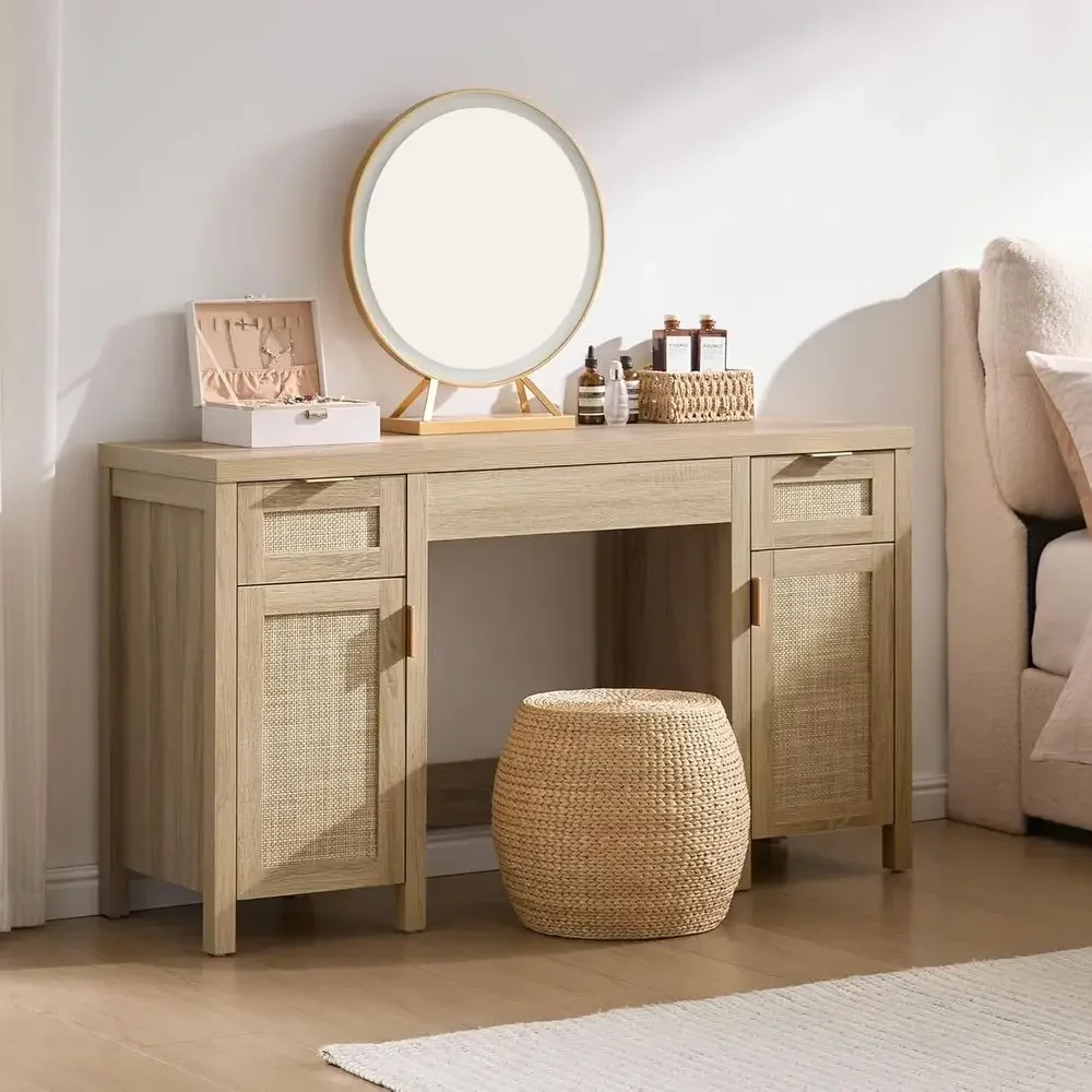 Light Oak 52 Rattan Vanity Desk with Storage, Bohemian Style Makeup Dressing Table featuring 3 Drawers and 2 Cabinets for Home O