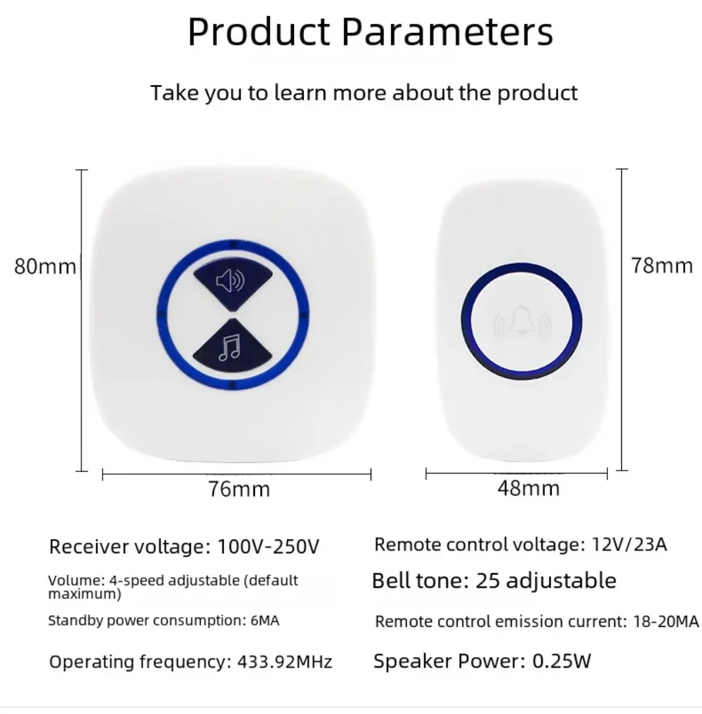 Wireless Doorbell 433Mhz Home Welcome Smart Doorbell 150M Long Wireless Distance 25 Songs Home Welcome Door Chimes