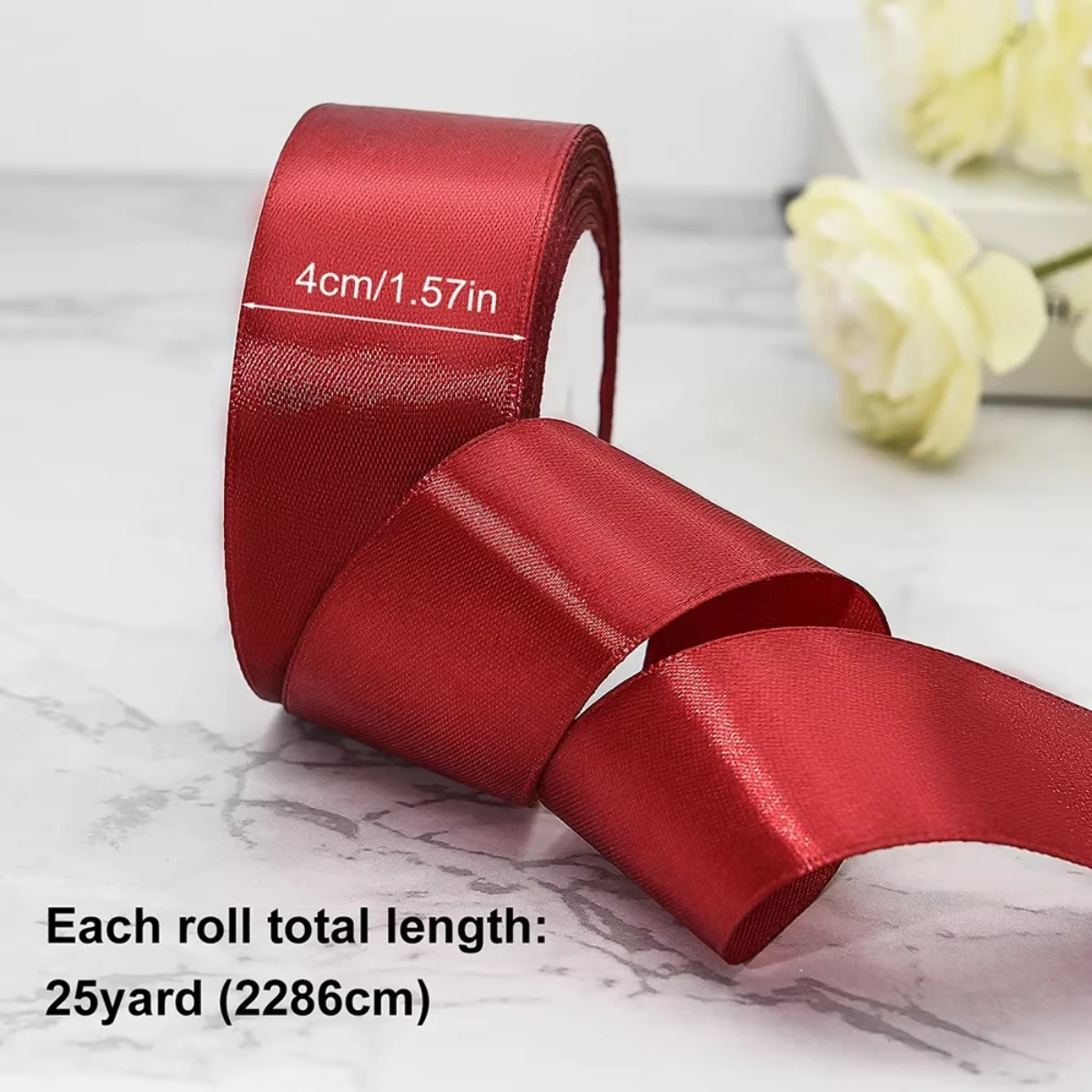 Cinta de Raso de 4 cm x 202622 metros/Rollo para Manualidades, Lazos, Envoltura de Regalos, Colores Vino Tinto, Naranja, Amarillo, Verde, Azul, Morado, Negro, Gris, Dorado, Blanco
