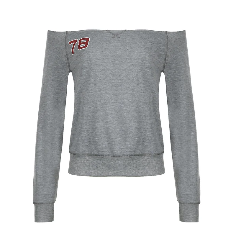 تي شيرت Zeyla American Streetwear بأكمام طويلة تي شيرت نسائي مطبوع عليه حروف 2025 جديد بدون أكتاف كتلة ألوان #5