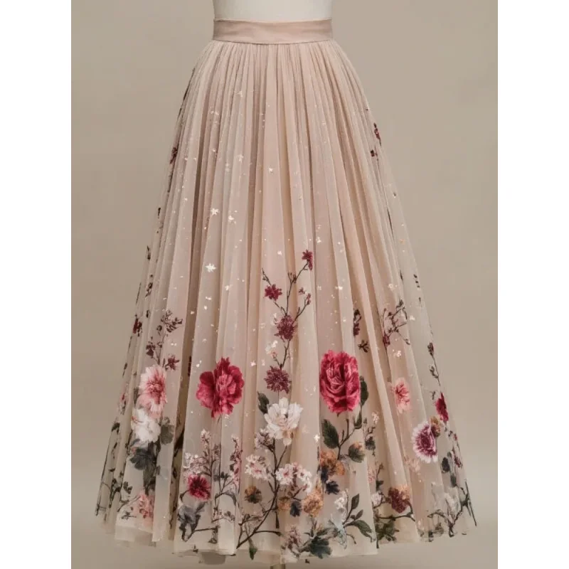 

Large Size Frence Aesthetic Flower Printed Mesh Flowing Skirt Women Temperament Sweet A-line High Waist Mid Length Full Skirts