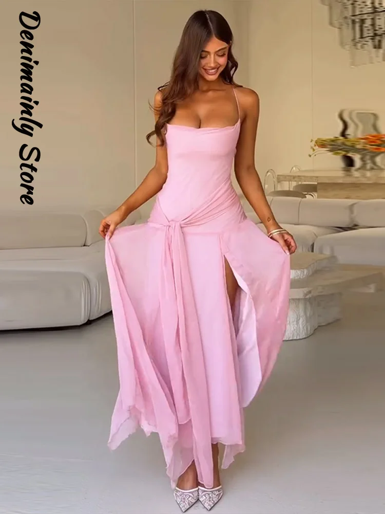 

Sexy Women's Pink Strap Sling Long Dress Slim Sleeveless Backless Irregular Slit Hem Female Dresses 2026 Summer Lady Party Robes