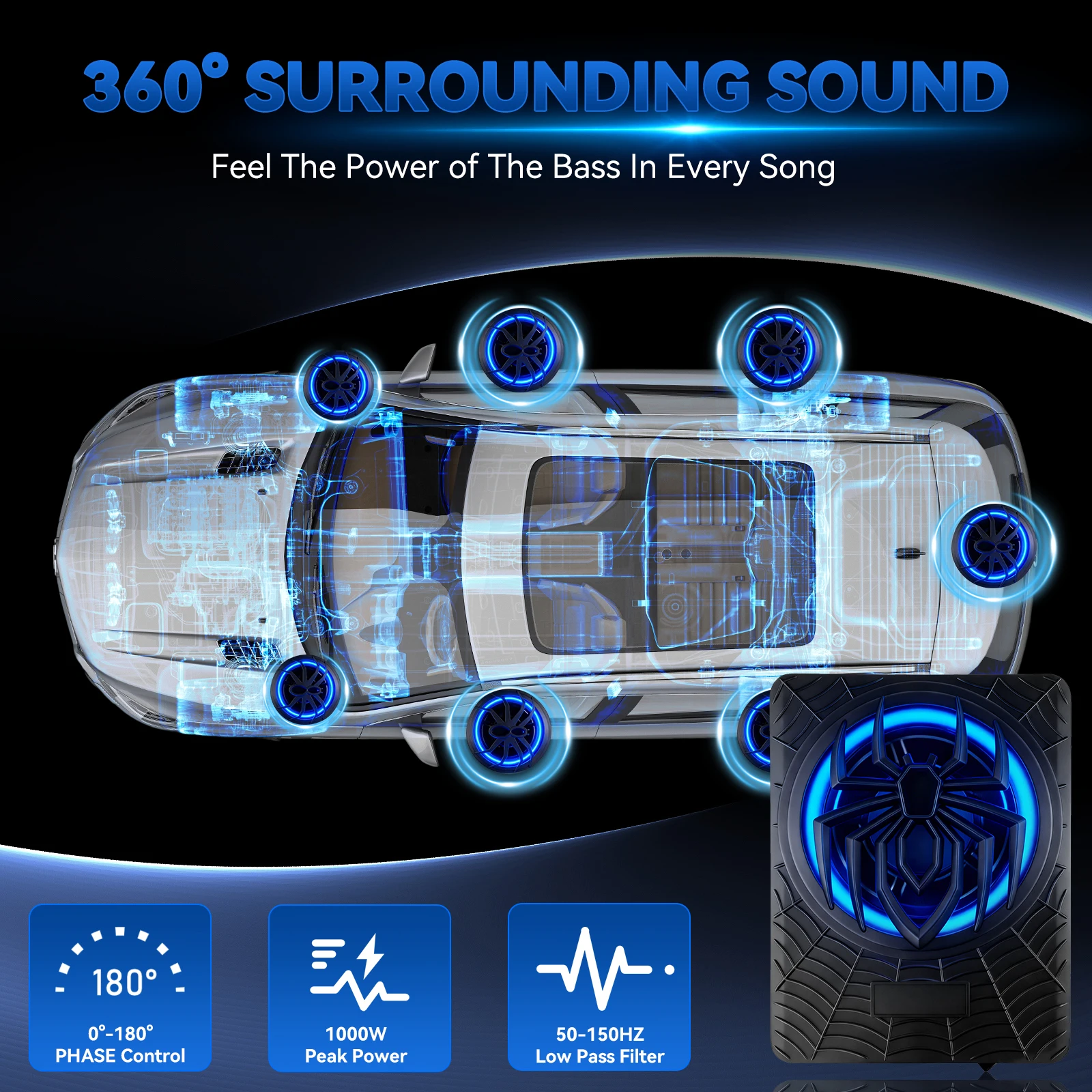 Podofo 10" 1200W Schlanker Unter-Sitz-Betriebener Auto-Subwoofer mit Farbiger LED-Ambientebeleuchtung Unter-Sitz-Betriebener Subwoofer und Verstärker-Paket