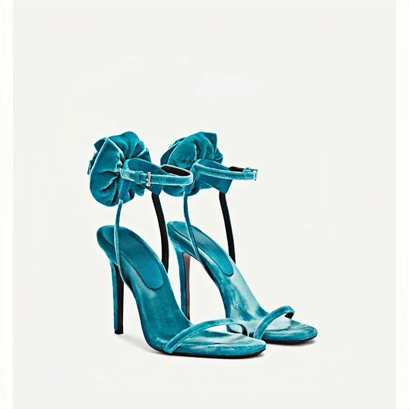 Women's Teal Velvet Heels 3D Rose Ankle Detail Design Sandals Stiletto Heel Ankle Strap Elegant Vintage Ladies Luxurious Shoes - view 3