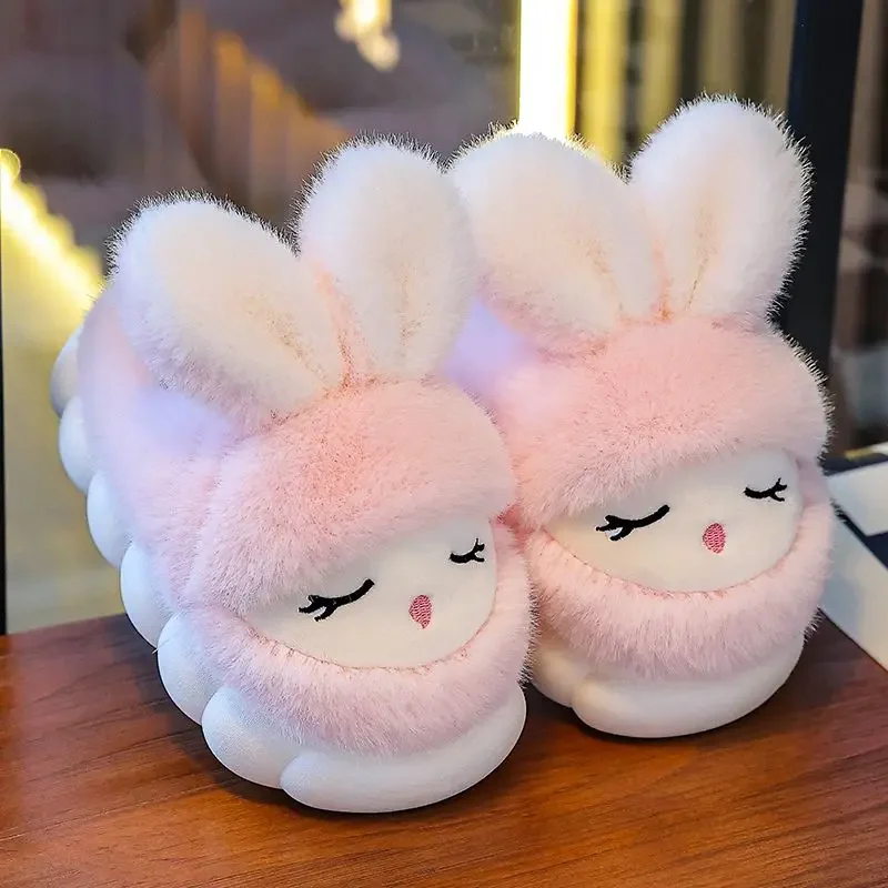 

New pink bunny fluffy slippers child winter fur slides toddlers boys girls indoor fuzzy slippers rabbit mules shoes home