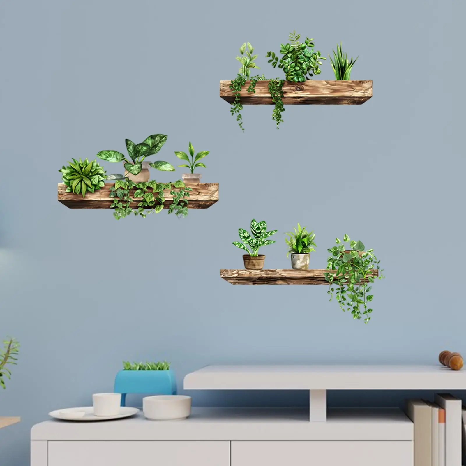 Removable Green Plant Wall Sticker 3D Simulation Shelf Bonsai Decal PVC Wall Art for Office Living Room Decor