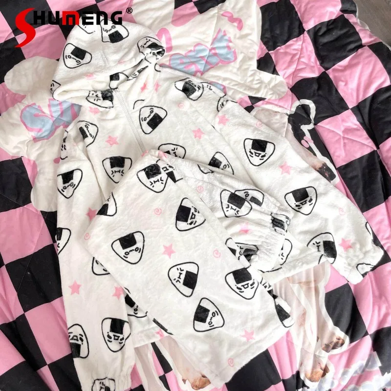 

Autumn Winter Original Print Pajamas for Women Long Sleeve Loose Hooded Set Female Japanese Style Printing Homewear Suits