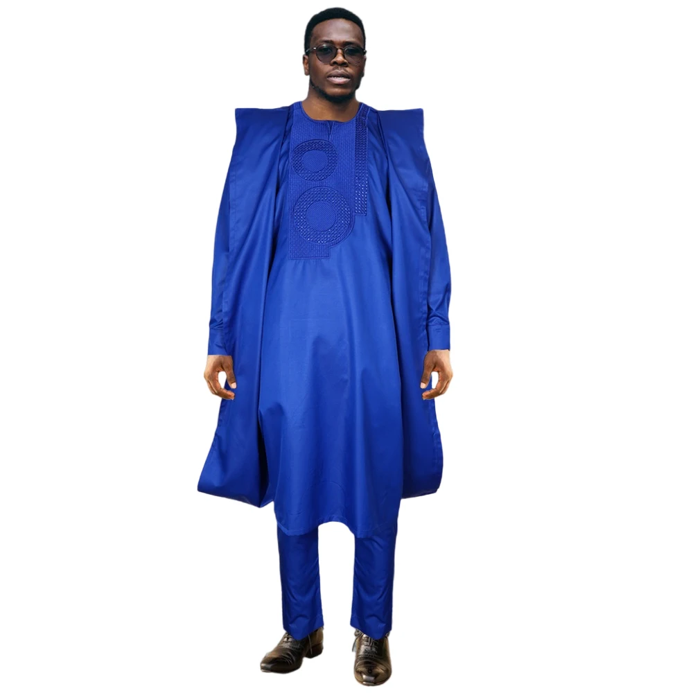 

H&D South African Traditional Wear Formal Attire Bazin Riche Dashiki Outfits Blue Shirt Pants Robe Suit Agbada Ramadan 2024