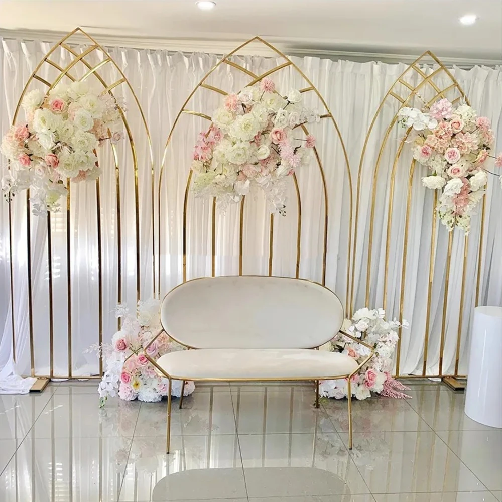 1pcs/3pcs)New outdoor background frame geometric golden arch wedding stage props diamond screen decorative flower stand