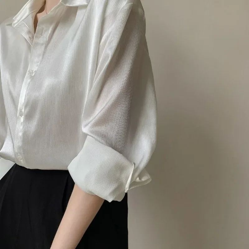 QWEEK White Satin Long Sleeve Shirt Woman Office Ladies Vintage Elegant Button Blouse Spring Old Money Aesthetic Korean Trend