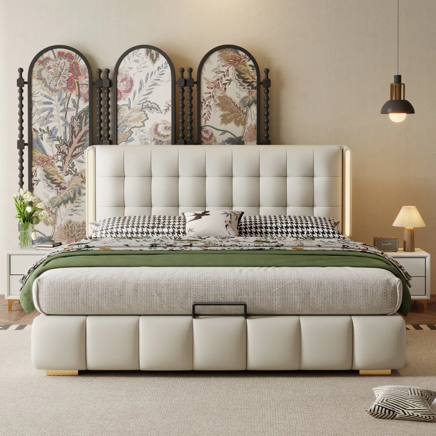 

#Modern Luxury King-Size Bed High Quality Wooden Soft Minimalist Style Upholstered Durable Leather Storage Space Touch-Sensitive
