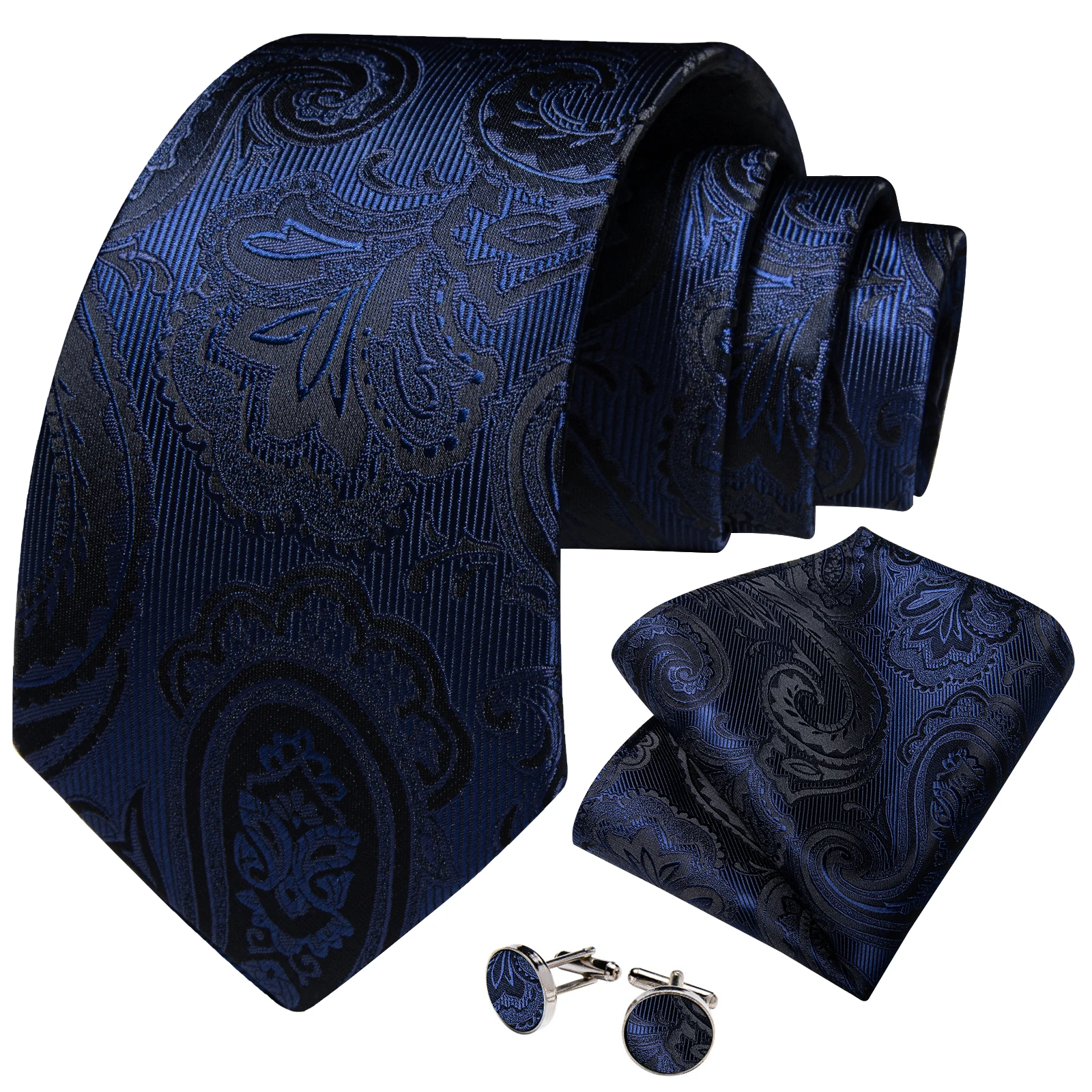 Elegantes blaues Paisley-Blumenmuster Herren-Krawatten-Set (8 cm) mit Einstecktuch, Manschettenknöpfen, Business-Anzubehör, Bräutigam-Hochzeitskrawatte – Detail 7
