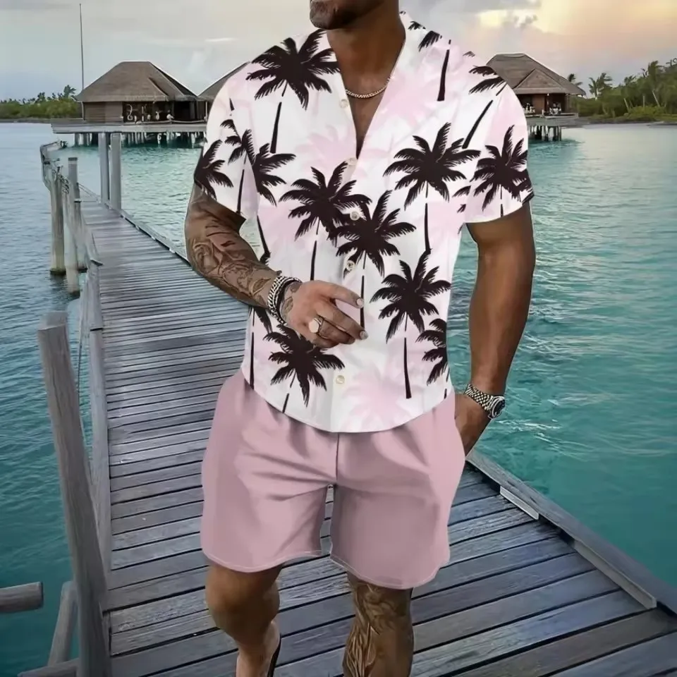 

Модный мужской костюм-двойка, гавайская рубашка с коротким рукавом, модные пляжные брюки, мужская одежда больших размеров с тропическими растениями и цветочным принтом
