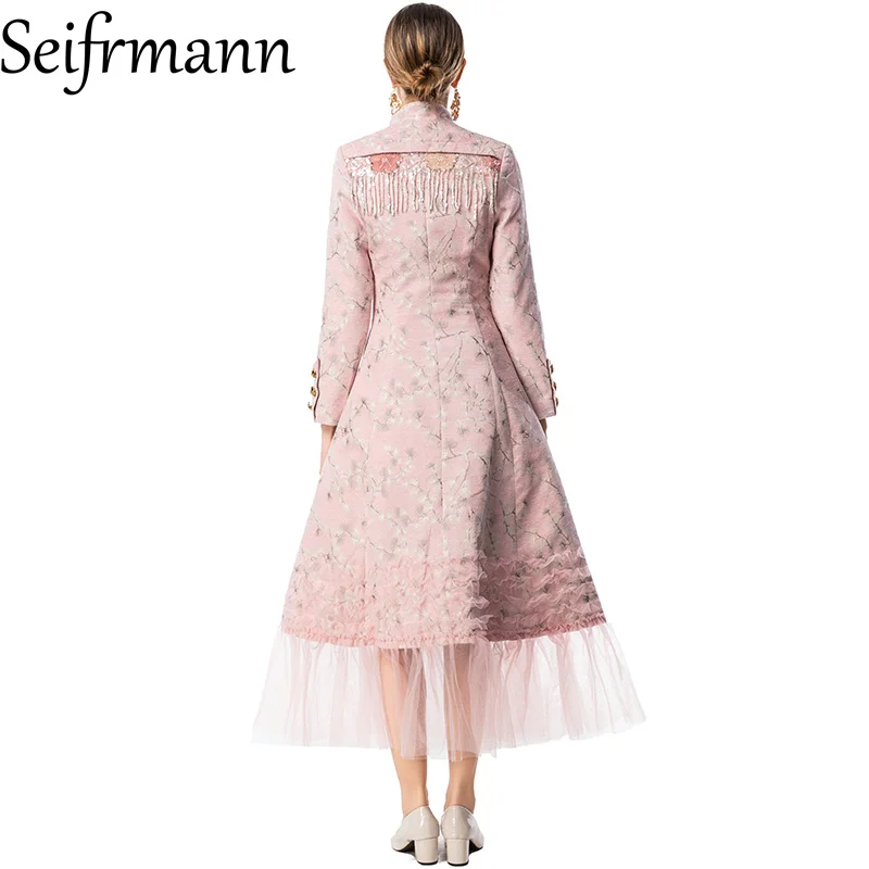 Sukienka Seifrmann 2026 Wiosna Damska Nowa Modna Stójka Długi Rękaw Nadruk Łączona Koronka Temperamentna Sukienka z Podkreśloną Talia