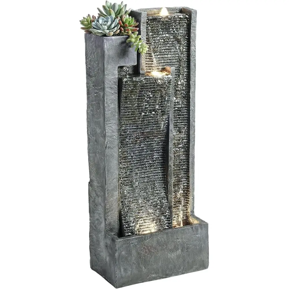 

3-Tier LED-lit Outdoor Waterfall with Planter, Resin Garden Feature for Patio or Balcony, Grey