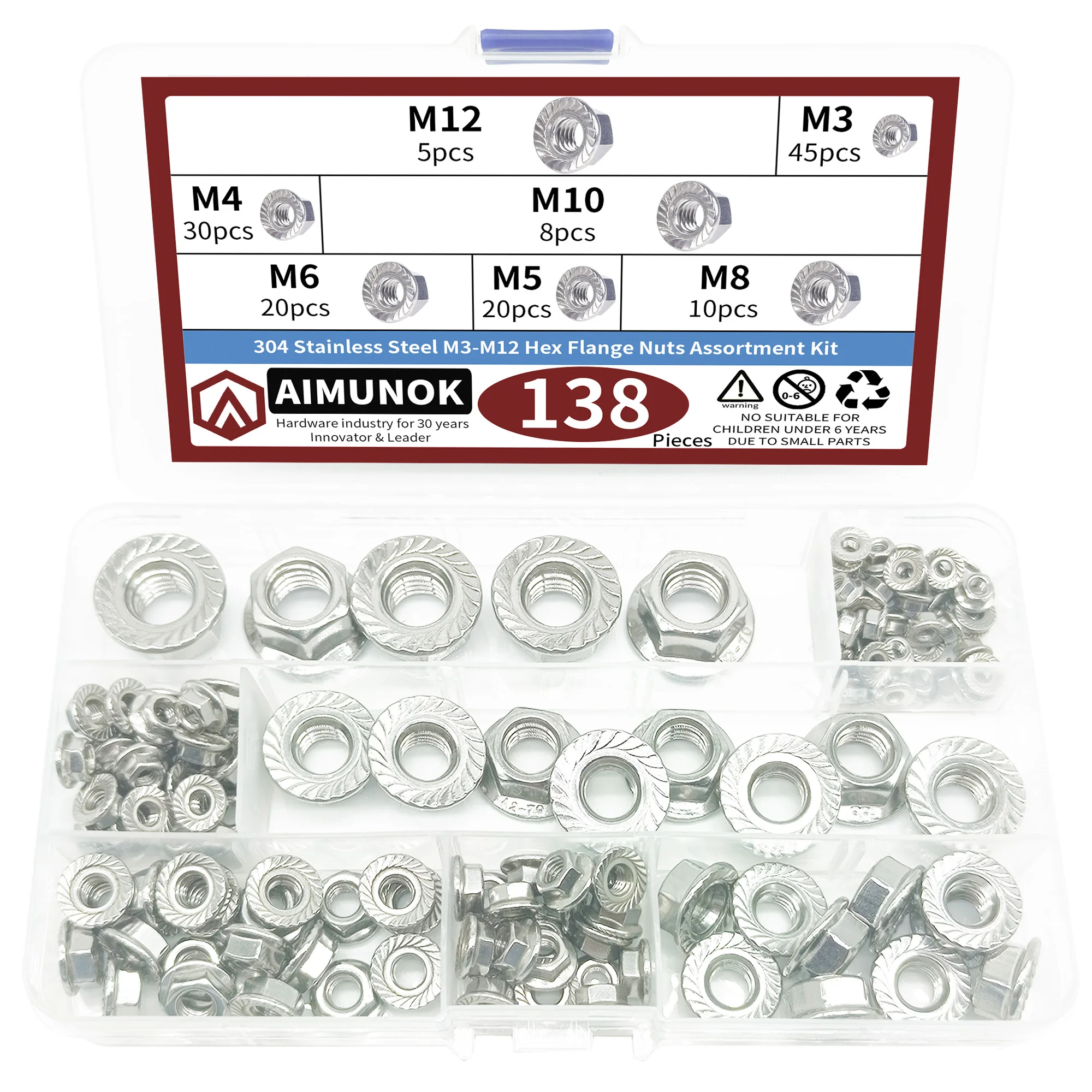 

138pcs M3 M4 M5 M6 M8 M10 M12 304 Stainless Steel Hex Flange Nuts Assortment kit Fasteners Tools Repair Accessories Threaded