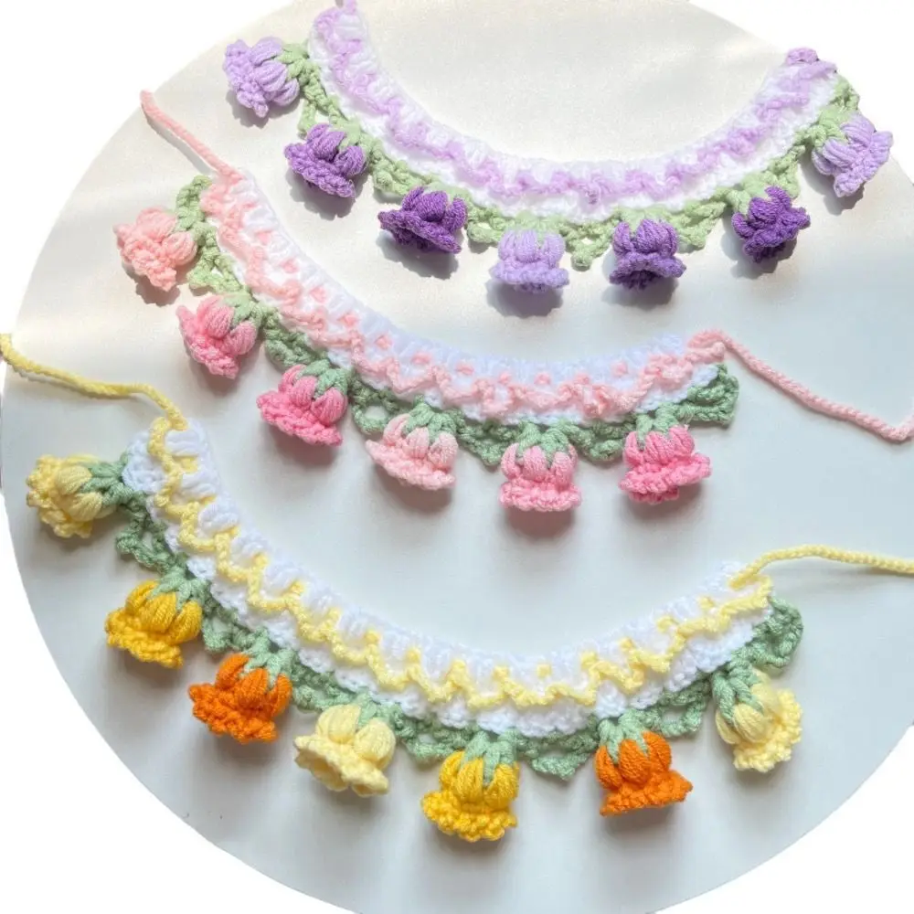 Knitted Pet Necklace Cute Bell Flower Orchid Kitten Necktie Handmade Elegant Cat Collar Pet