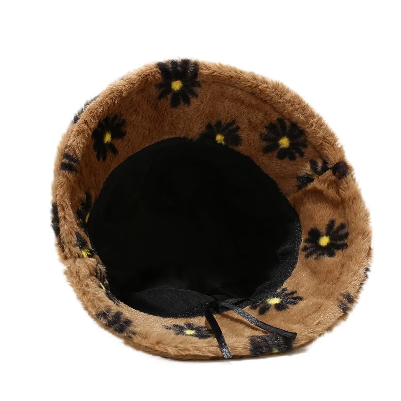 New style small chrysanthemum pattern fisherman hat plush travel warm imitation rabbit fur basin hat