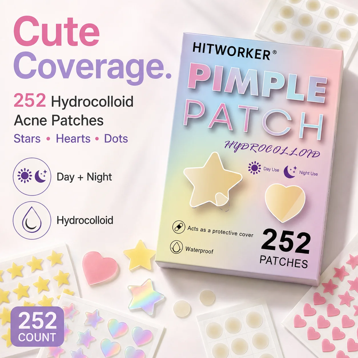 252PCS Hydrocolloid Pimple Patches Colorful Star Heart Shape Waterproof Face Spot Stickers for Day Night Use