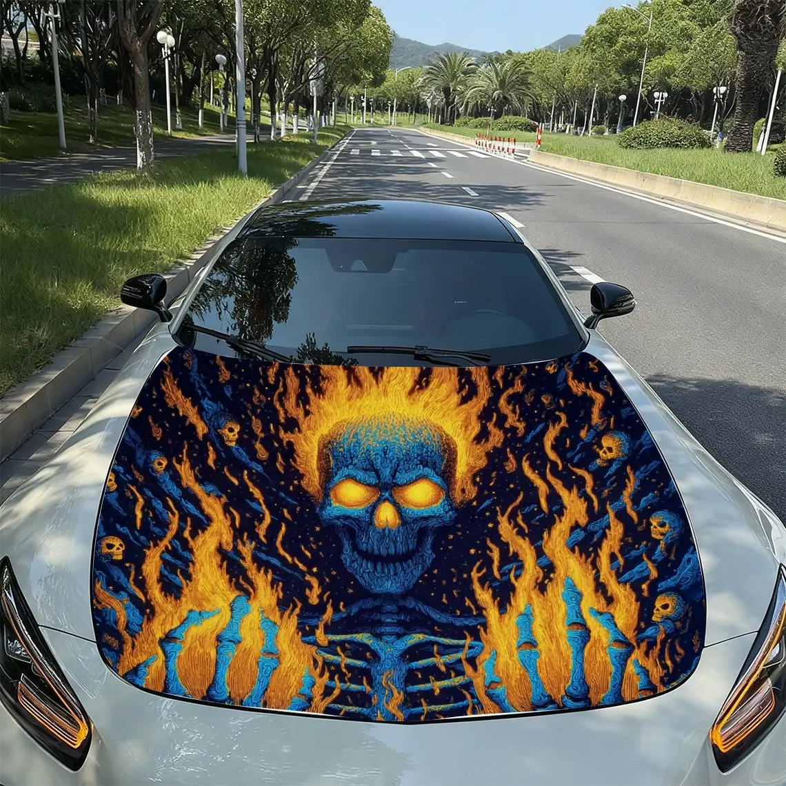 

Dark Style Flame Skull Car Hood Sticker-UV Resistant And Waterproof Decoration,stylish Design,easy To Stick/remove,durable And G