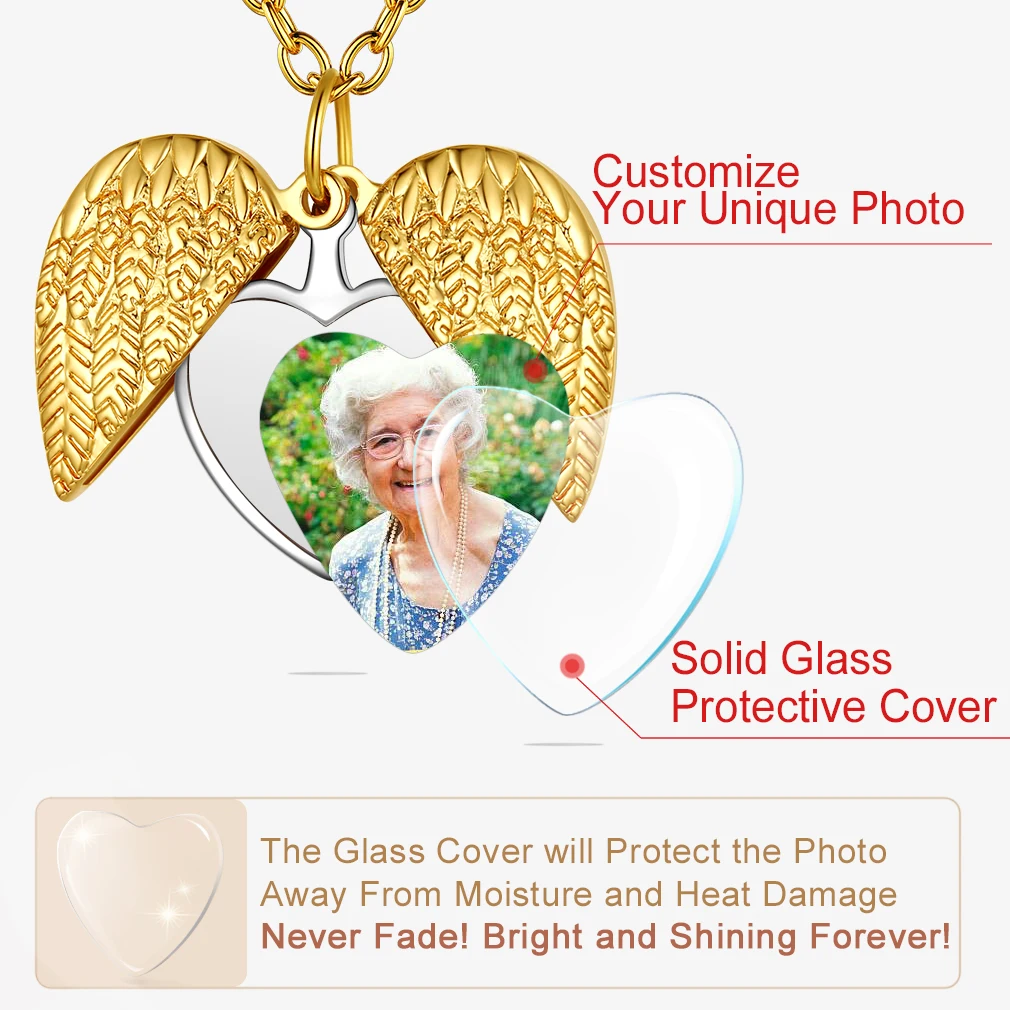 U7 Personalized Heart Locket Necklace Angel Wings Pendant with Photo Printing Dainty Color Picture Memorial Jewelry for Women