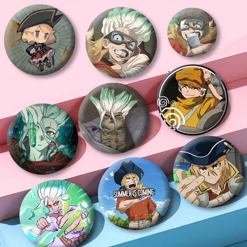 D-Dr. STONE Anime Coin Badges Cartoon Senku Ishigami Ginro Button Pins Manga Round Brooch for Backpack Hat Jewelry Accessories - view 3