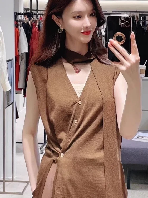 

Ele Loose Knitted Vest Top V-Ne Svel Commuter Versatile Women's Faion Single Button Closure Color