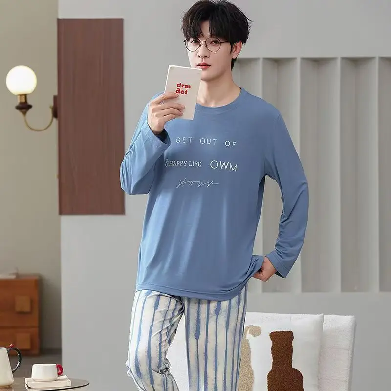 

Men's Pajamas Spring and Autumn New Set Men's Long-Sleeved Cardigan Plus Size for Overweight People 100kg Loungewear