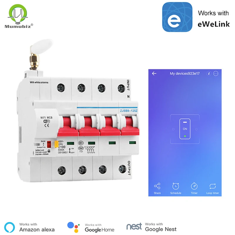 WiFi Circuit Breaker with Alexa Google Home Voice Control, 4P 16A-125A, Shortcut/Overload Protection, ewelink APP Remote Control