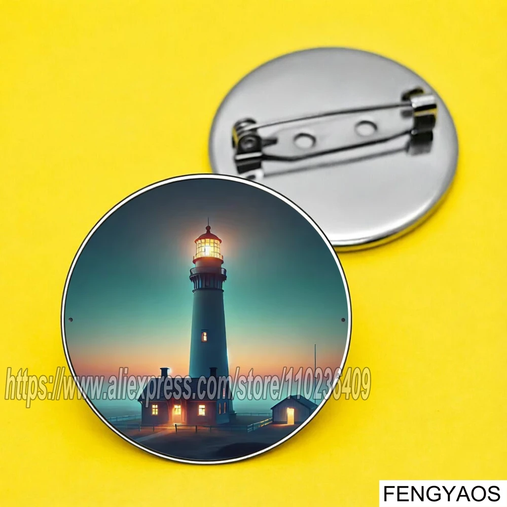 Stainless Steel Coastal Lighthouse Scenery Brooch Pin Sea Sunset Landscape Metal Badge Lapel Pin Backpack Decor Gift