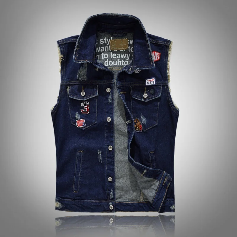 Men's Ripped Denim Vest Patch Designs Cowboy Frayed Jeans Sleeveless Jackets Punk Motorcycle Waistcoat