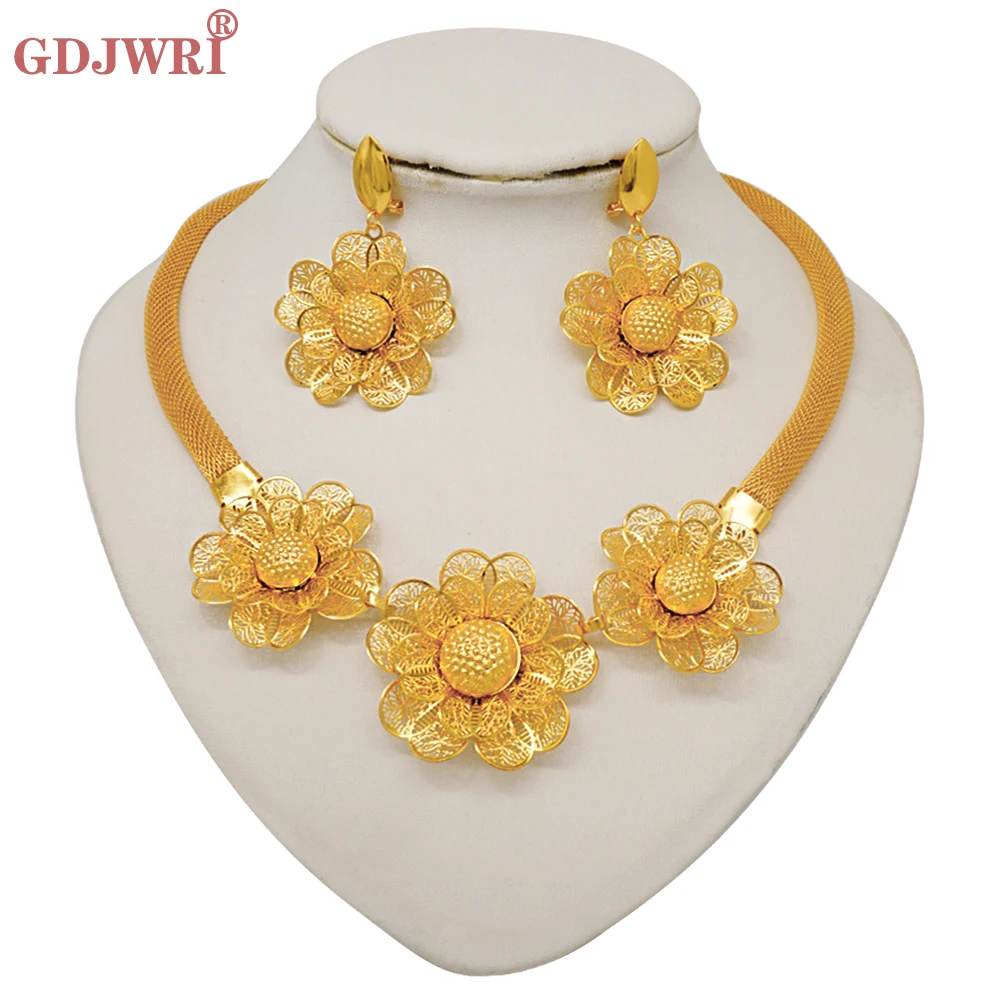 

Dubai Gold Color Jewelry For Women Flower Earrings Necklace Pendant Jewelry Sets African Luxury Wedding Bridal Accessory Gift