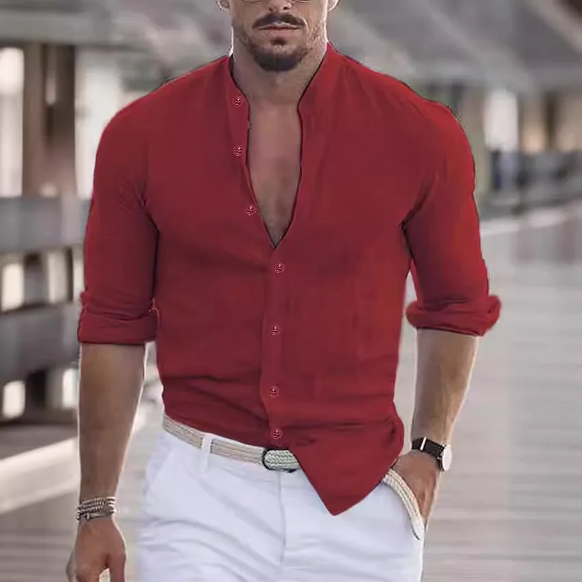 Blouse men 2026 casual new summer button long-sleeved solid colors v neck holiday beach shirts men's clothing