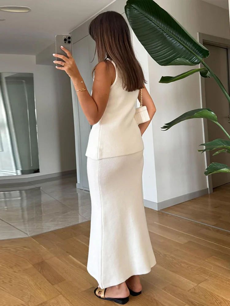 Elegant Knit Vest Suits Women Solid Single Breasted O-neck Sleeveless Slim Waistcoat Bodycon Midi Skirts 2025 Spring Lady Outfit image 3