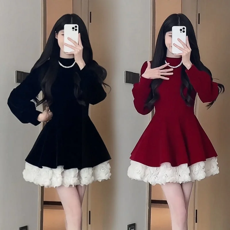 

Hebe Sle Red Velvet Dr Women's Spring 2026 Waist Cinching Slimming Design Splicing ort Skirt A-Line Long Sve Dr