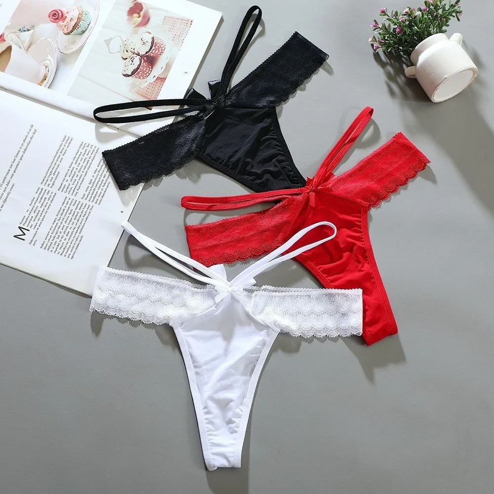 Sweet Thong Lace Bikini Panties Transparent Mesh Underwear for Women Low Waist Ice Silk Lace Bow Briefs Girl