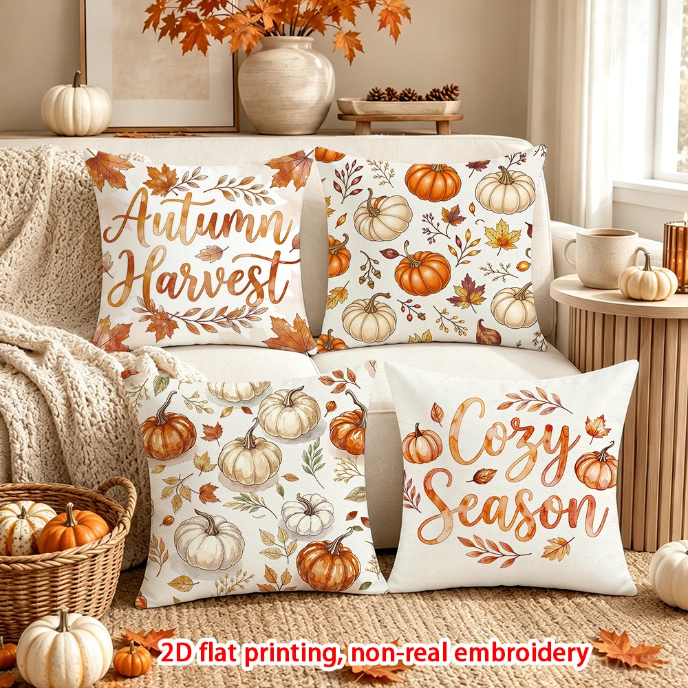 4PCS Fall Harvest Throw Pillow Covers, Rustic Farmhouse Autumn Sunflower Pumpkin Decorative Cushion Cases for Sofa Couch Bed